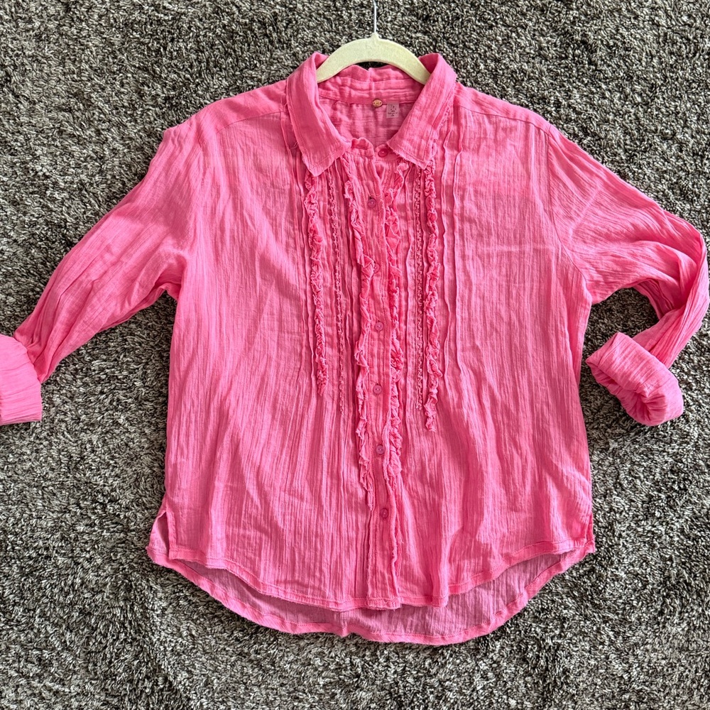 Free People Drew Ruffle Tuxedo Long Sleeve Shirt, Large, NWT
